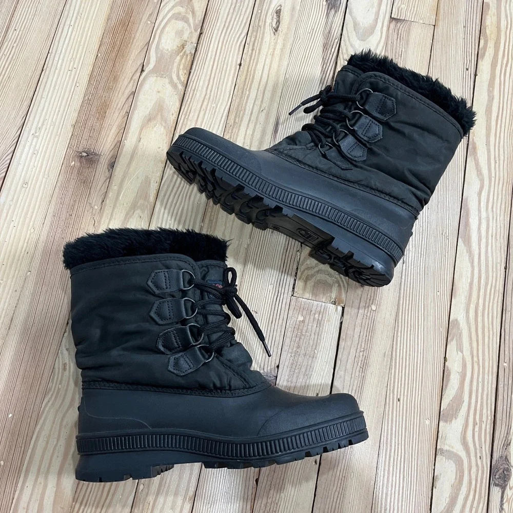 Sorel Black Winter Snow Boots Mid-Calf Faux Fur Trim Lace Up Insulated Womens 10